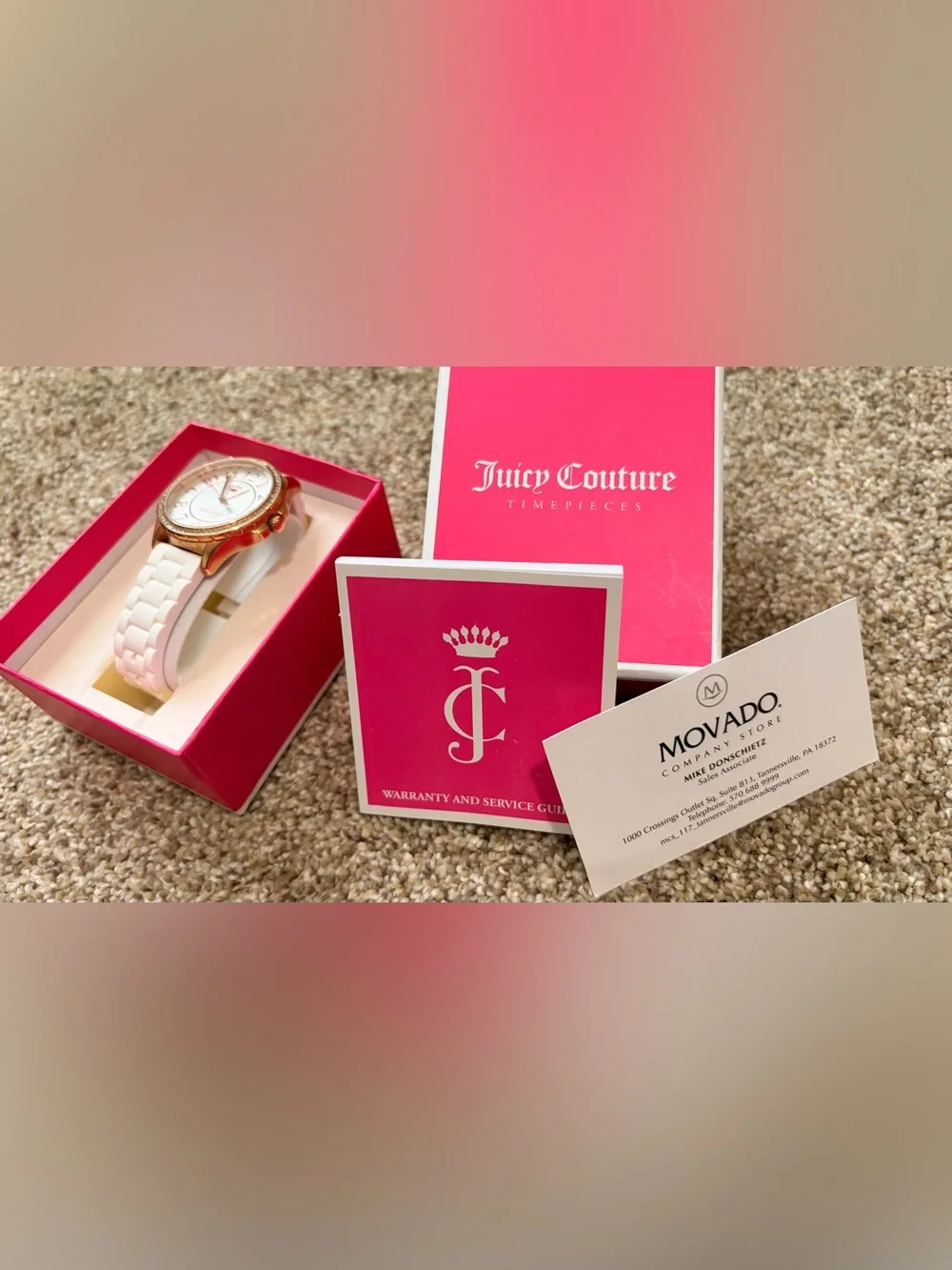 Y2K Juicy Couture White Silicone Strap Rose Gold-Tone Crystal Watch